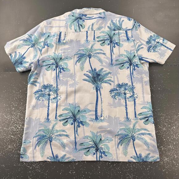 Tommy Bahama Silk Shirt Men XL White Navy Blue Palm Trees Camp Hawaiian EUC - Picture 7 of 7